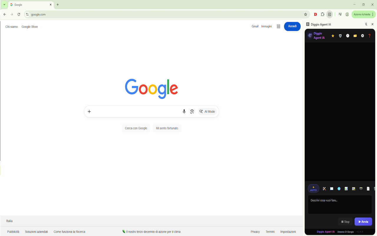 Pannello laterale Diggio Agent IA aperto in Chrome, pronto per un task