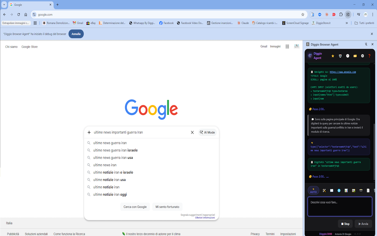 Diggio Agent IA digita una ricerca su Google in autonomia