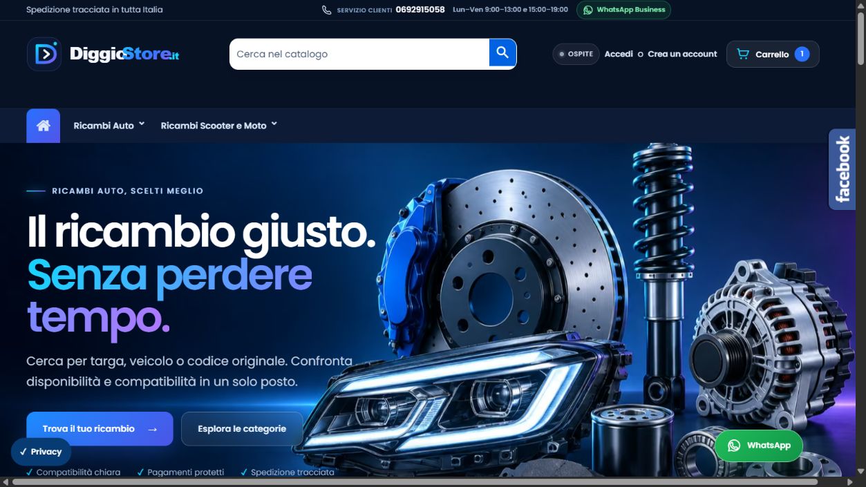 Homepage reale DiggioStore: copertina del marketplace ricambi e ricerca nel catalogo