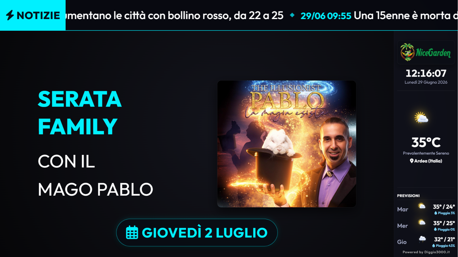 Diggio News Monitor serata family con foto a tutto schermo