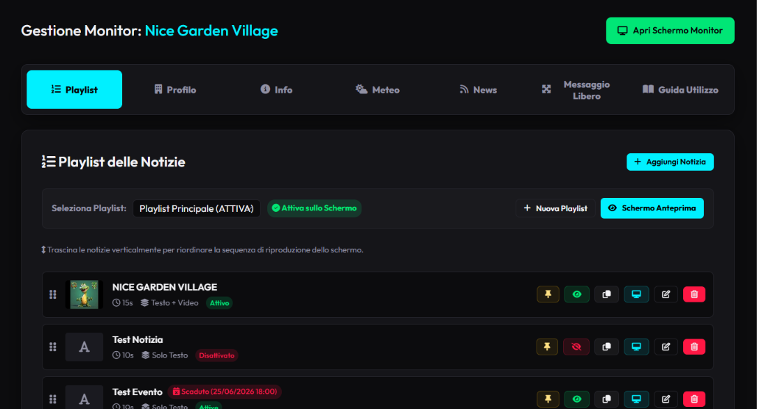Pannello gestione playlist Diggio News Monitor