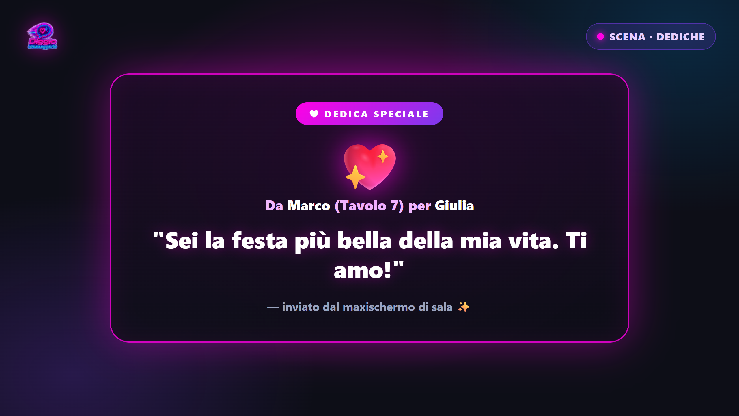 Scena dedica a tutto schermo di Diggio Messaggeria con cuore neon