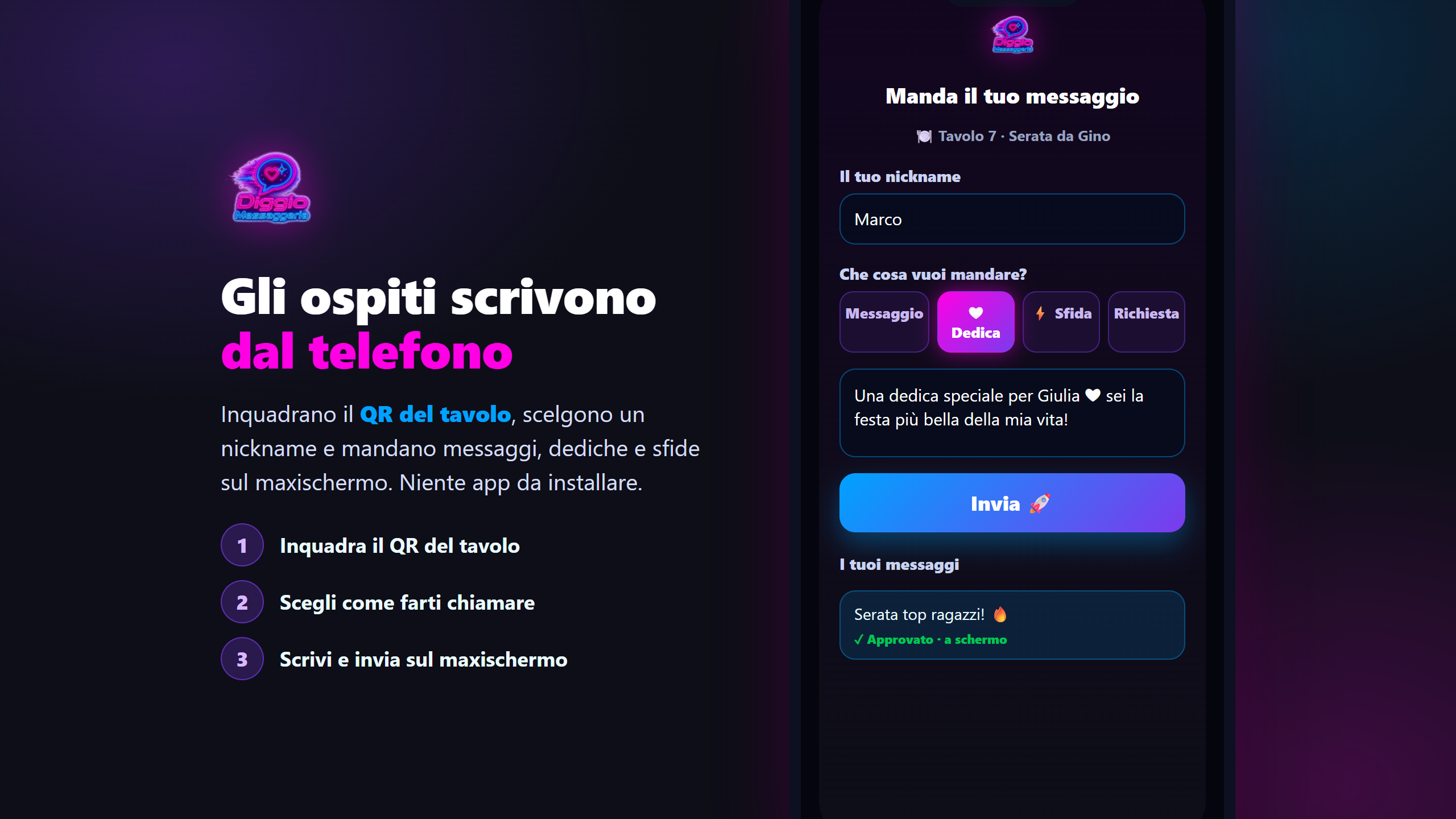 Client mobile Diggio Messaggeria: gli ospiti scrivono messaggi e dediche dal telefono