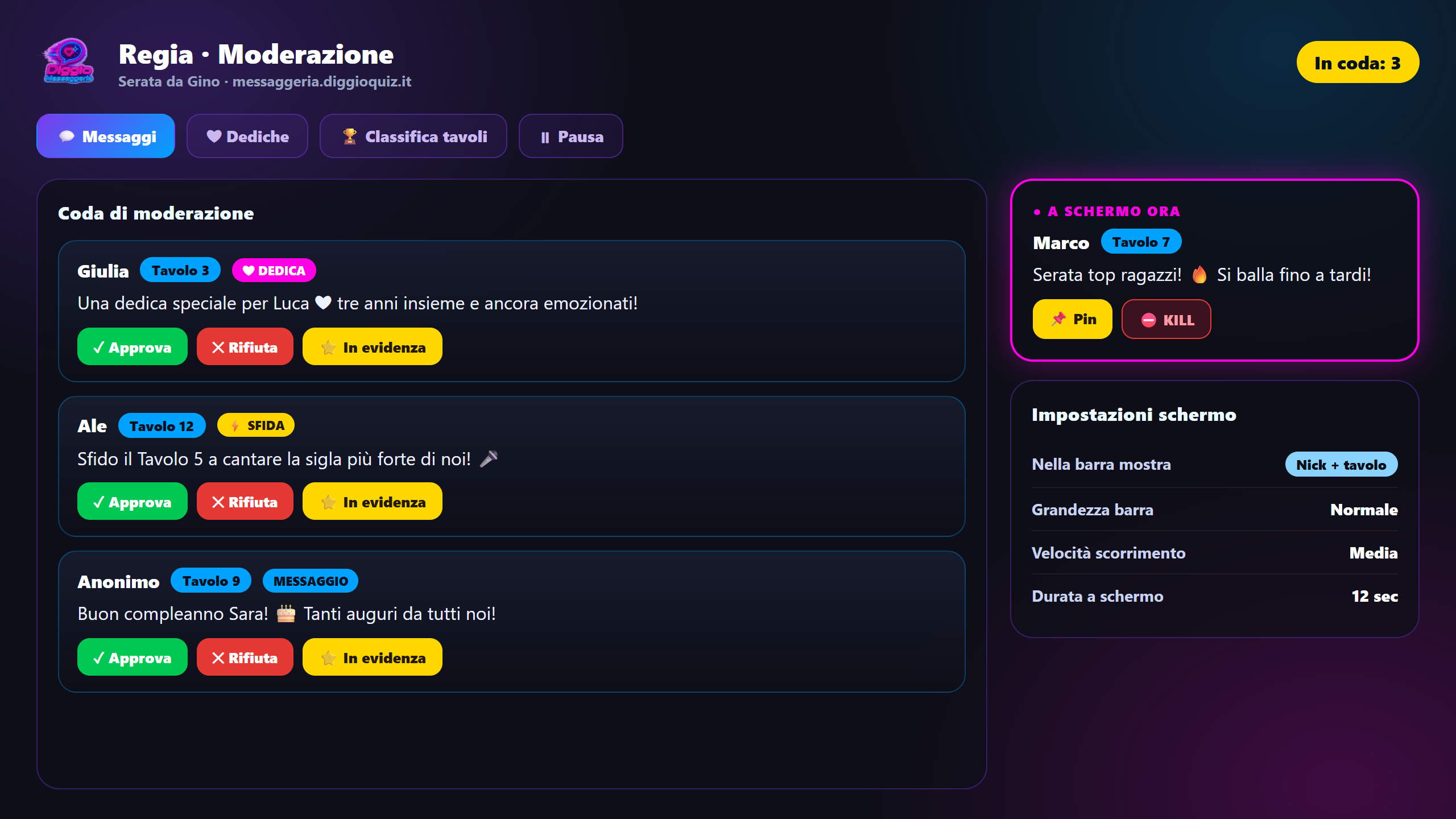 Regia di moderazione Diggio Messaggeria con coda, approva, rifiuta, pin e kill