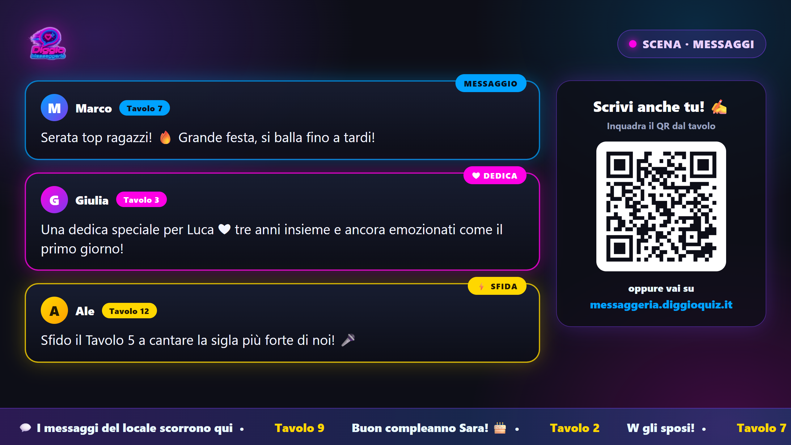 Diggio Messaggeria: maxischermo di sala con messaggi, dediche e QR