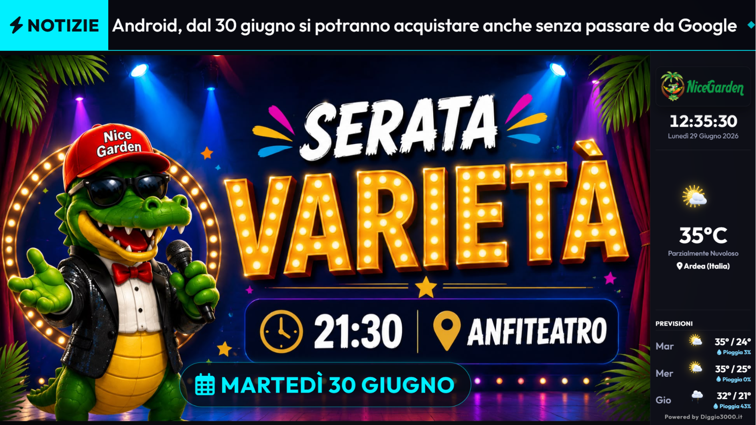 Diggio News Monitor su monitor pubblicitario con meteo, logo e notizie