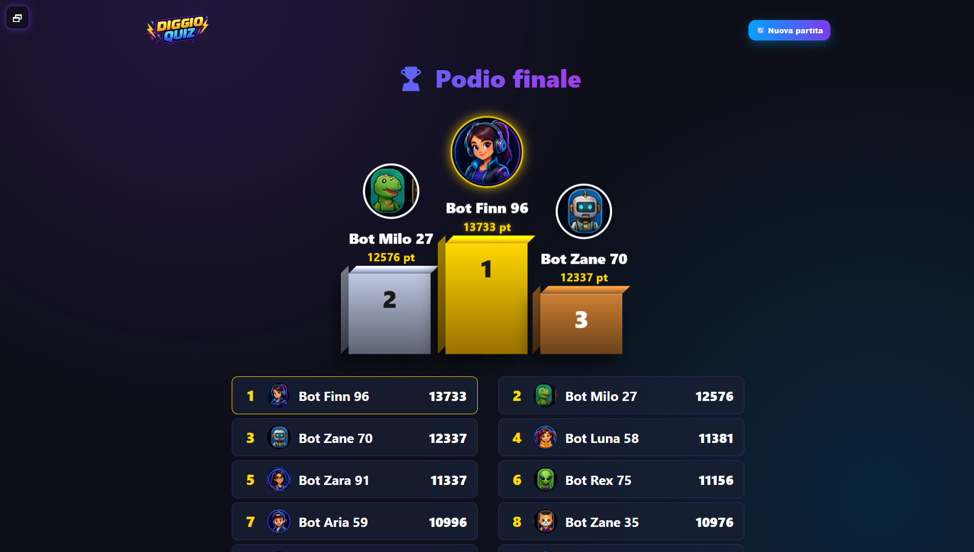Diggio Quiz schermata gioco live