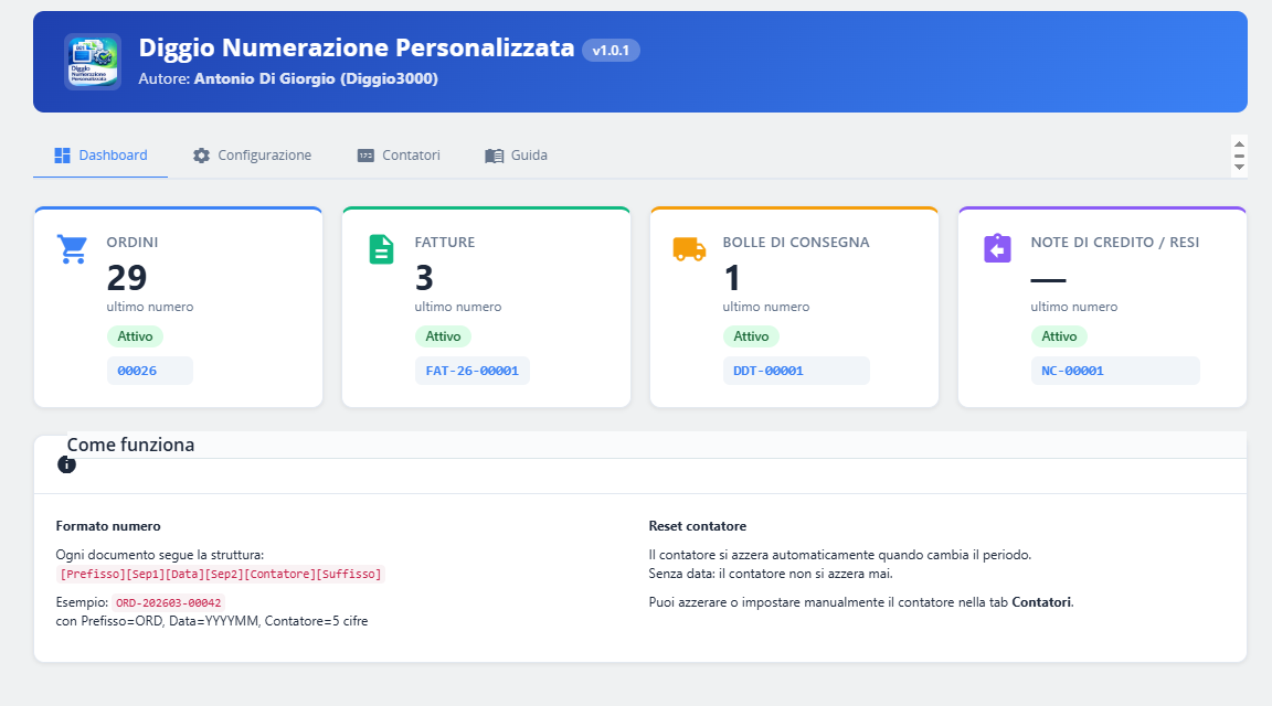 Diggio Numerazione Personalizzata per PrestaShop