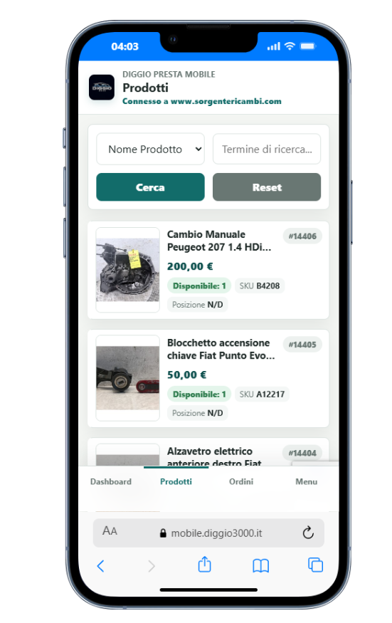 Diggio Presta Mobile: pannello mobile per PrestaShop
