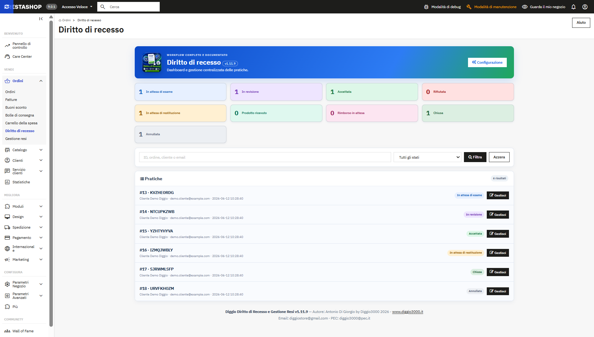 Dashboard Diritto di recesso con contatori per stato e pratiche in lavorazione
