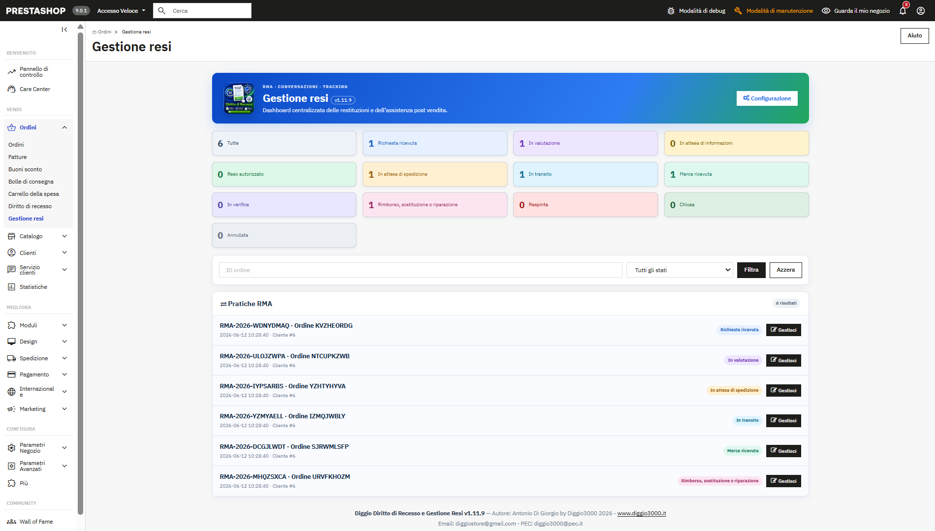 Dashboard Gestione resi con pratiche RMA e contatori colorati per stato