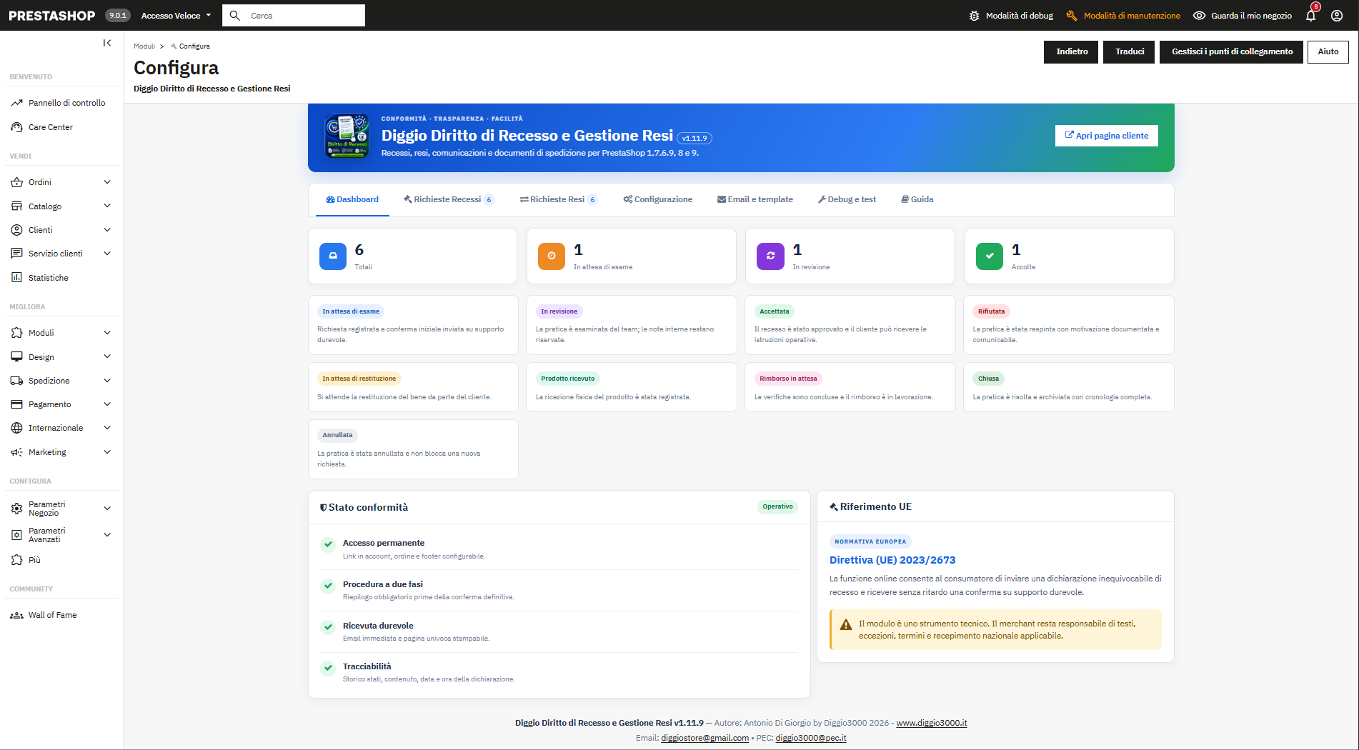 Dashboard del modulo Diggio Diritto di Recesso e Gestione Resi nel back office PrestaShop