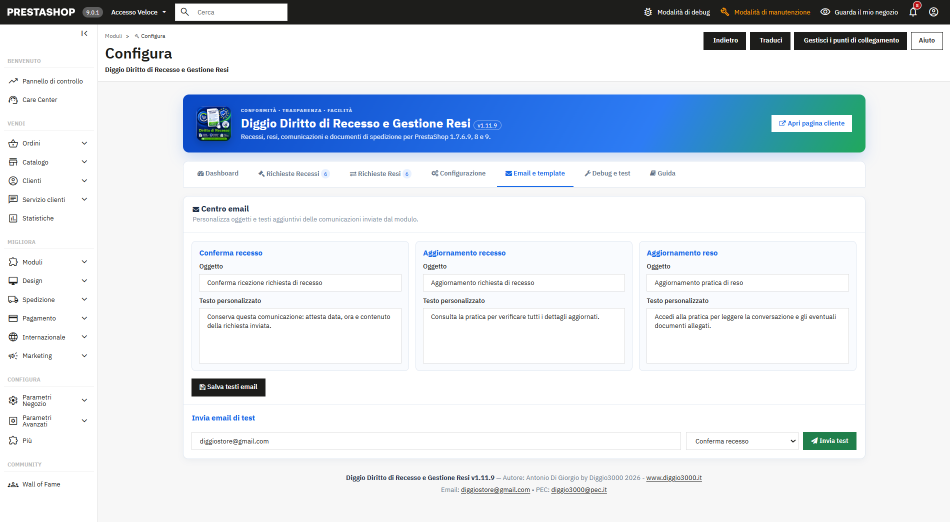 Centro email del modulo con template personalizzabili e invio email di prova