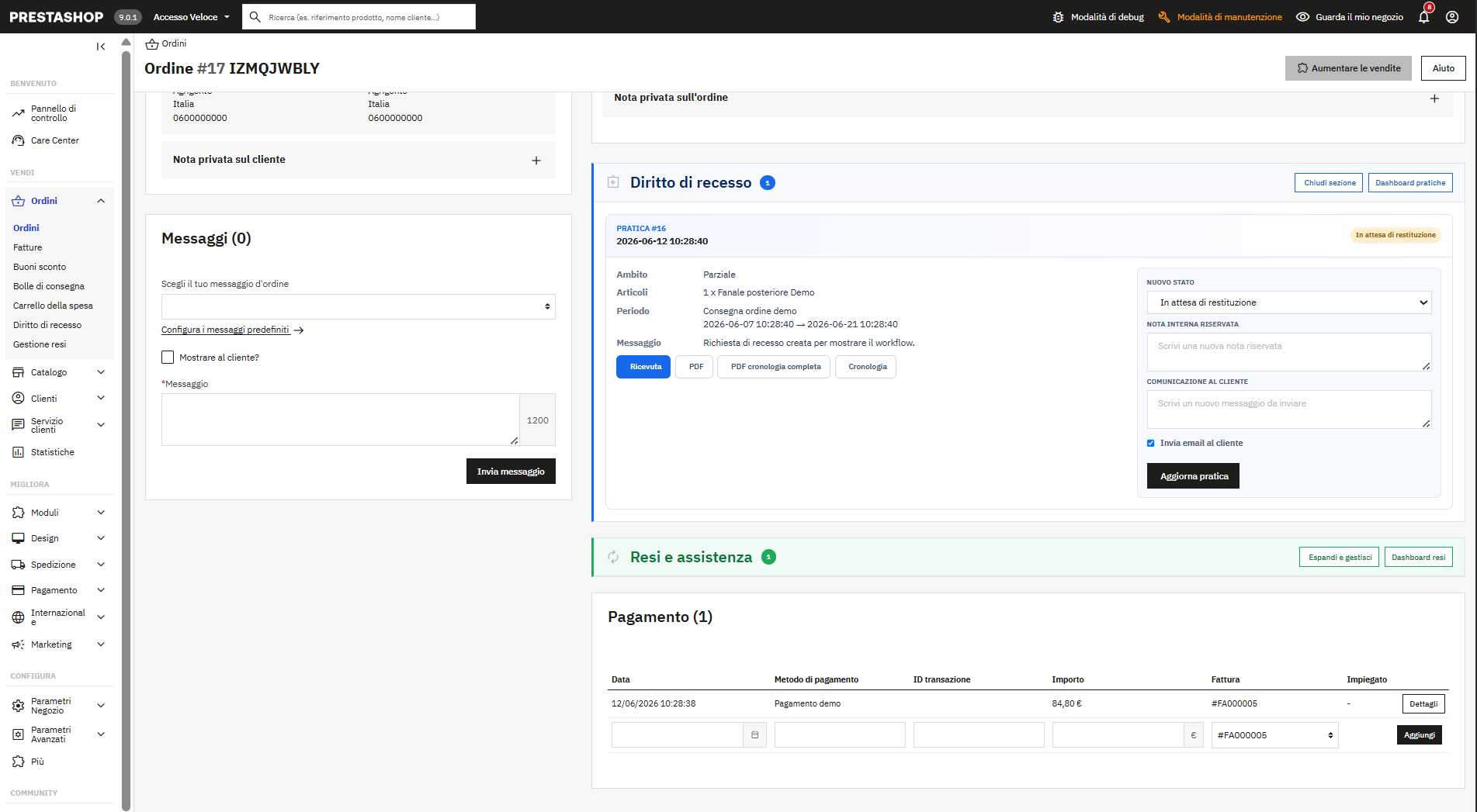 Sezioni Diritto di recesso e Resi e assistenza integrate nella scheda ordine PrestaShop