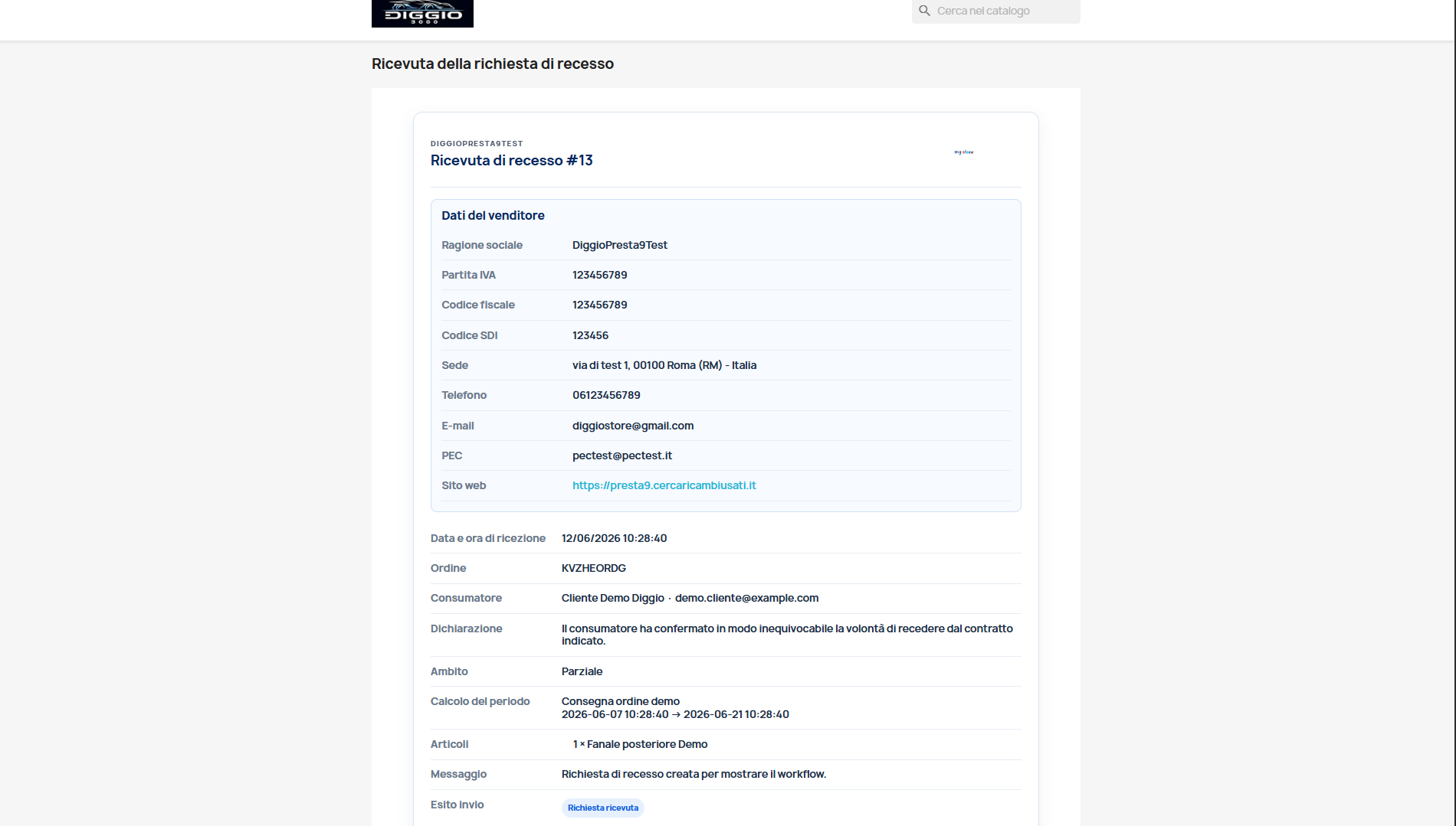 Ricevuta online della richiesta di recesso con dati del venditore e dettagli della pratica