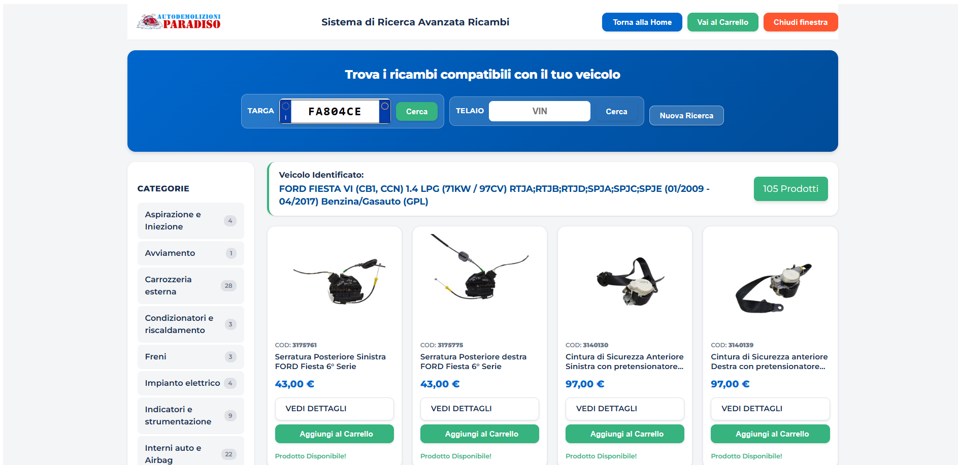 Esempio ricerca Diggio Targa System da desktop