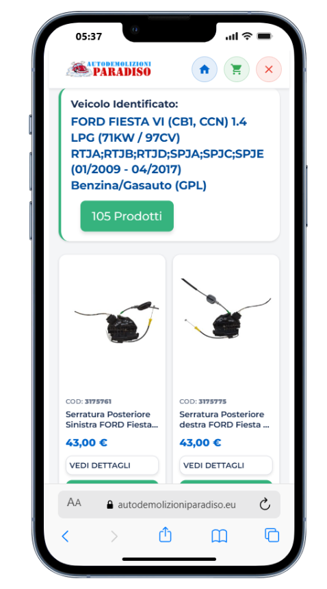 Esempio ricerca Diggio Targa System da mobile