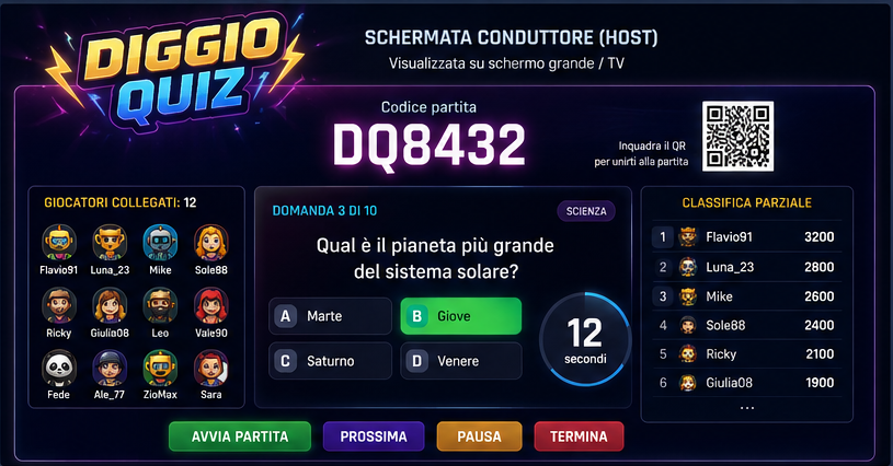 Schermata conduttore Diggio Quiz su TV con codice partita, QR, domanda e classifica