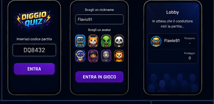 Giocatori Diggio Quiz da smartphone: inserimento codice, nickname, avatar e lobby