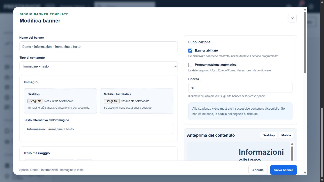 Editor del contenuto misto: immagine desktop/mobile, testo, calendario e anteprima