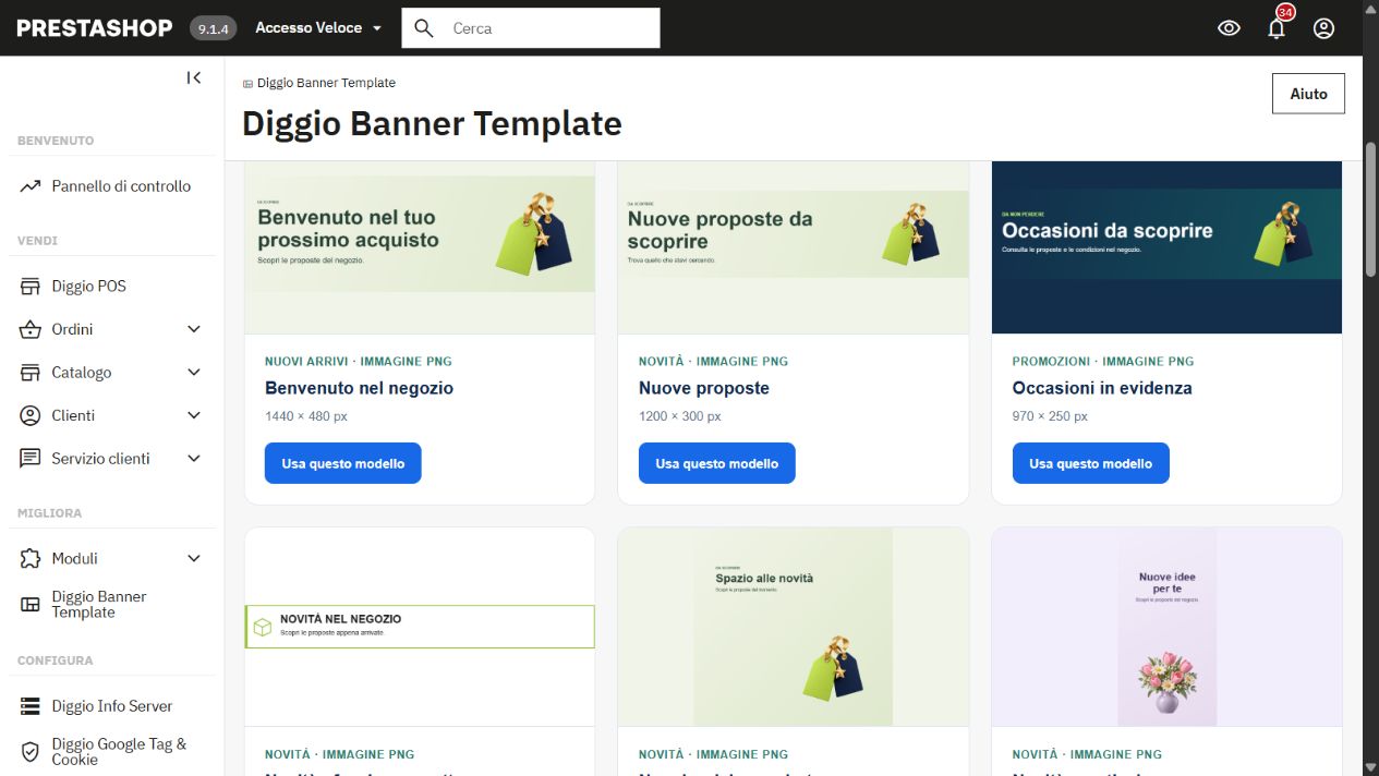 Raccolta dei 24 modelli PrestaShop, con ricerca e tipologie immagine, testo e misto