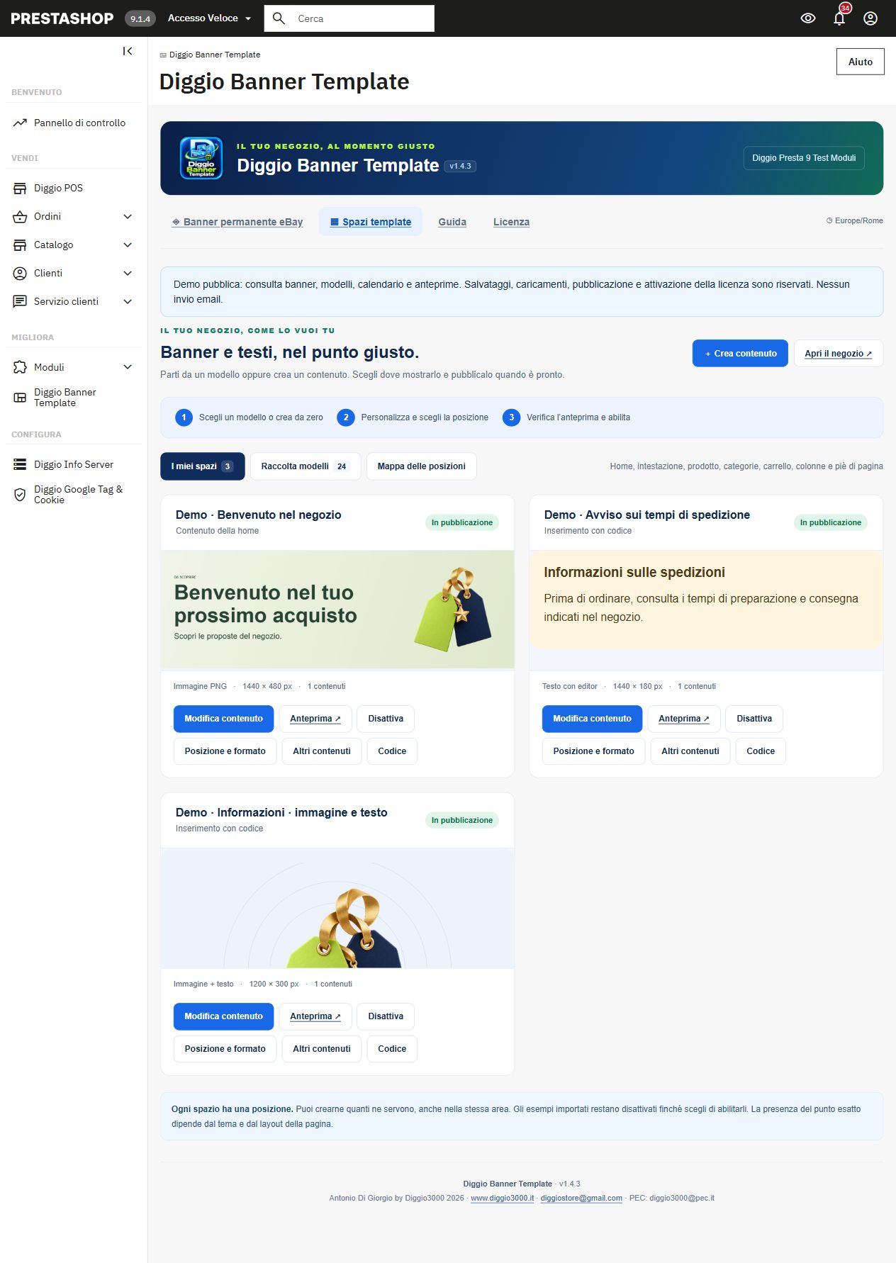 Spazi PrestaShop 1.4.3: esempi immagine, testo e contenuto misto nella demo reale
