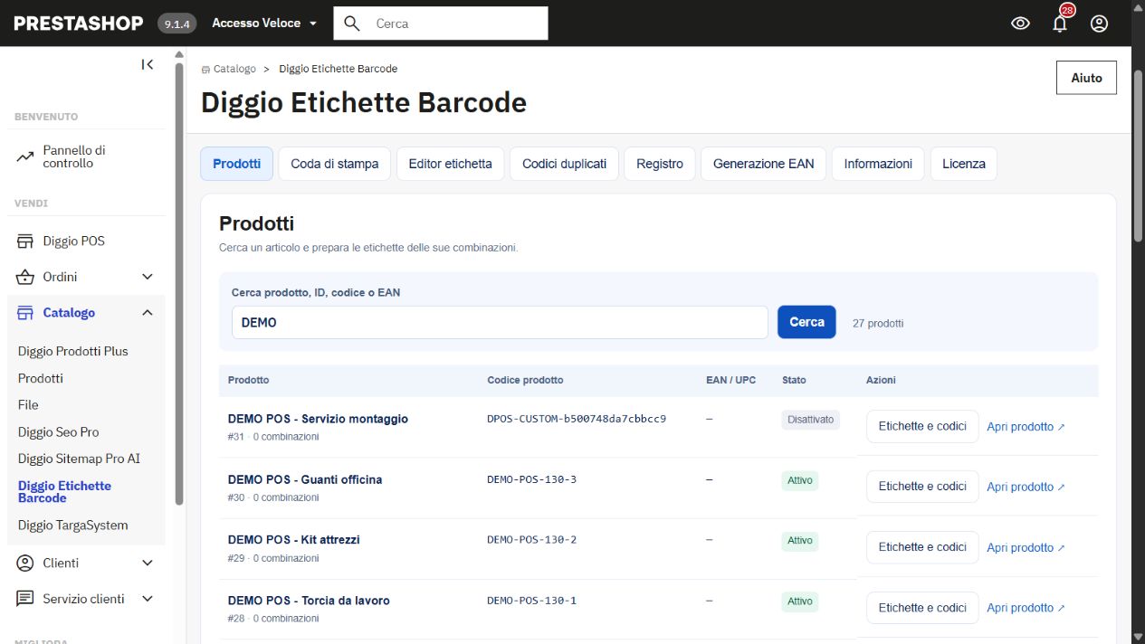 Ricerca dei prodotti dimostrativi e accesso a etichette e codici