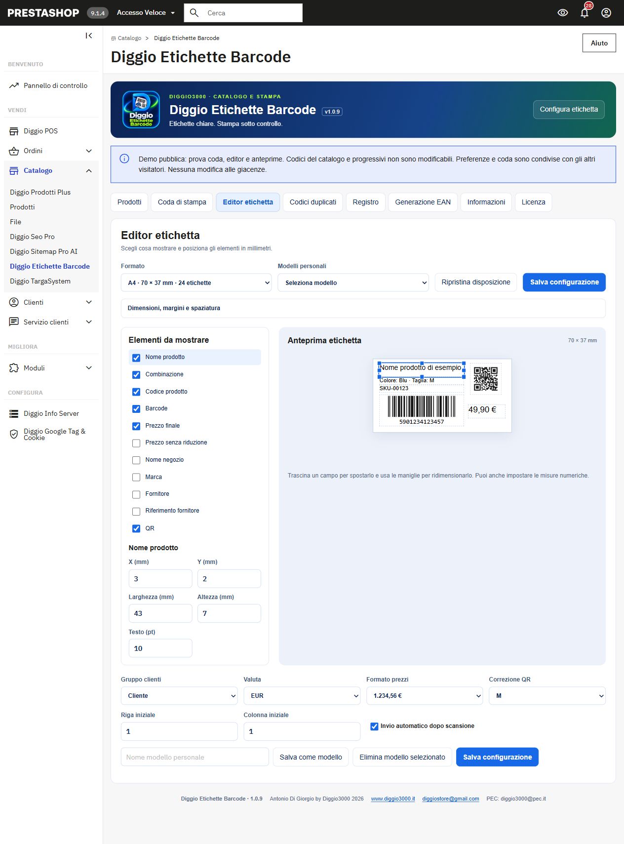Editor visuale: formato A4, elementi, dimensioni e anteprima con barcode e QR