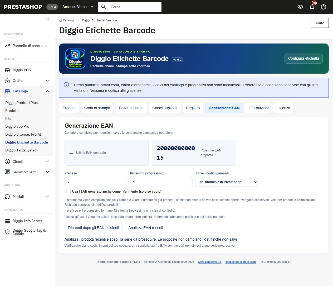 Generazione EAN: prefisso, progressivo e controlli; modifiche bloccate nella demo