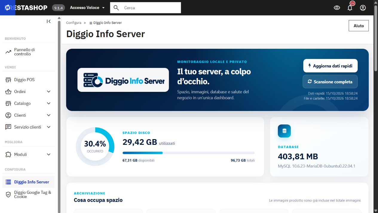 Info Server 1.3.2: dashboard reale con disco e database