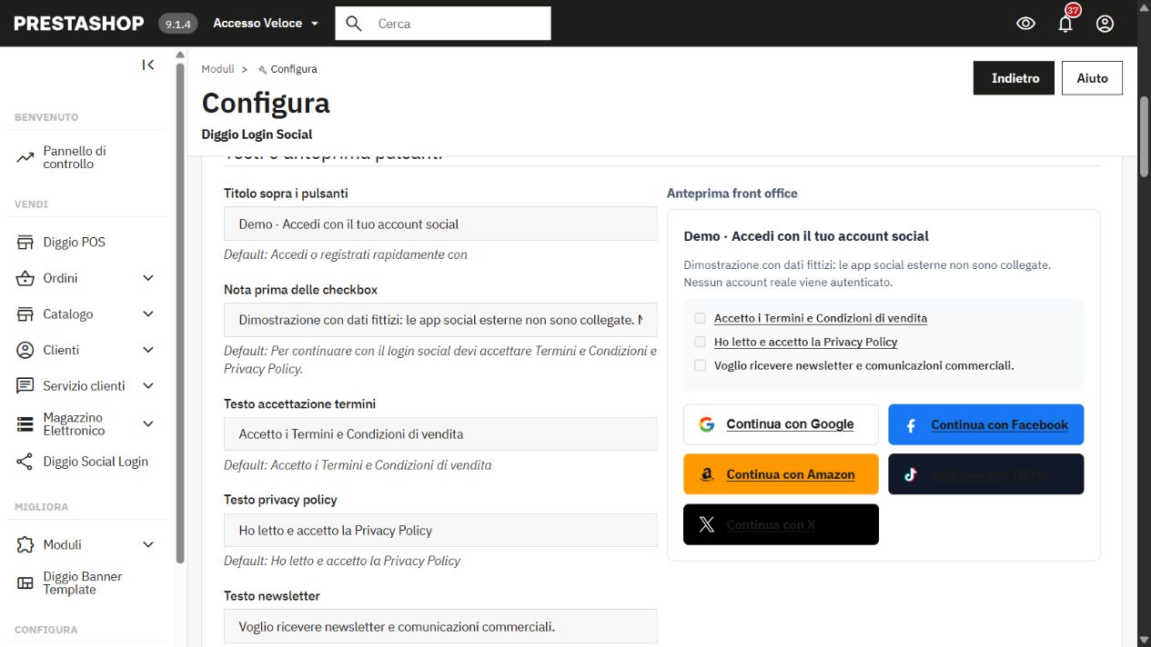 Anteprima reale dei testi, consensi e pulsanti personalizzabili