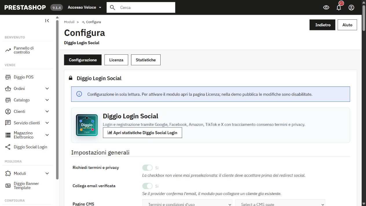 Configurazione del modulo e pagina Licenza separata