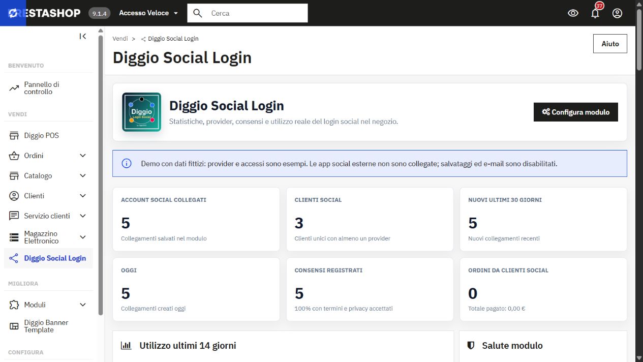 Login Social 1.2.5: cruscotto reale con clienti, account e accessi fittizi