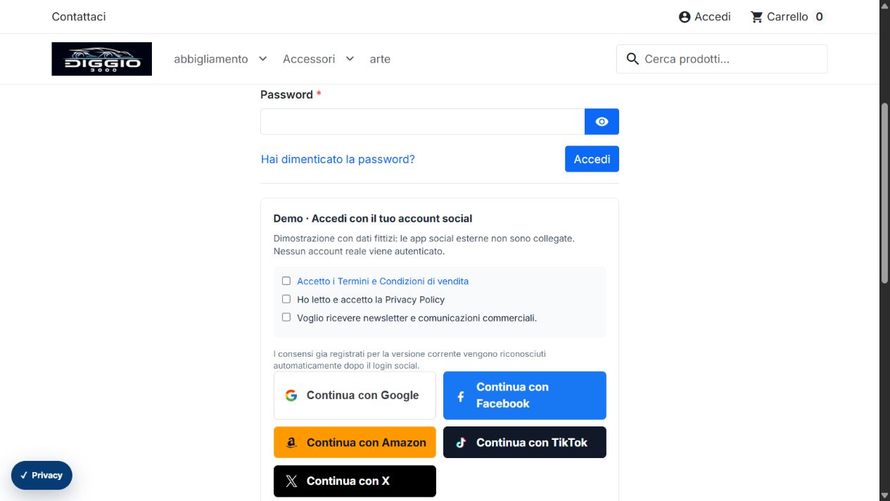 Pulsanti social nel login reale della demo, senza OAuth esterno
