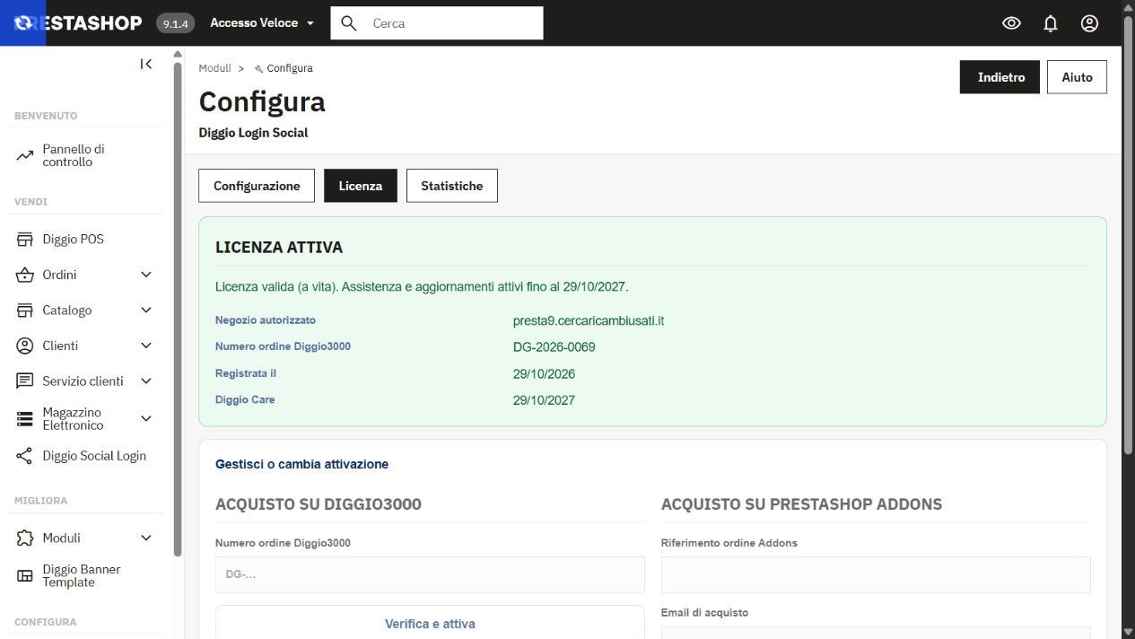 Pagina Licenza dedicata: attivazione Diggio3000 e registrazione Addons