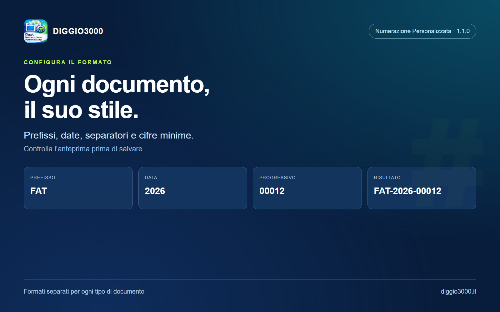 Prefissi, date, separatori e cifre minime