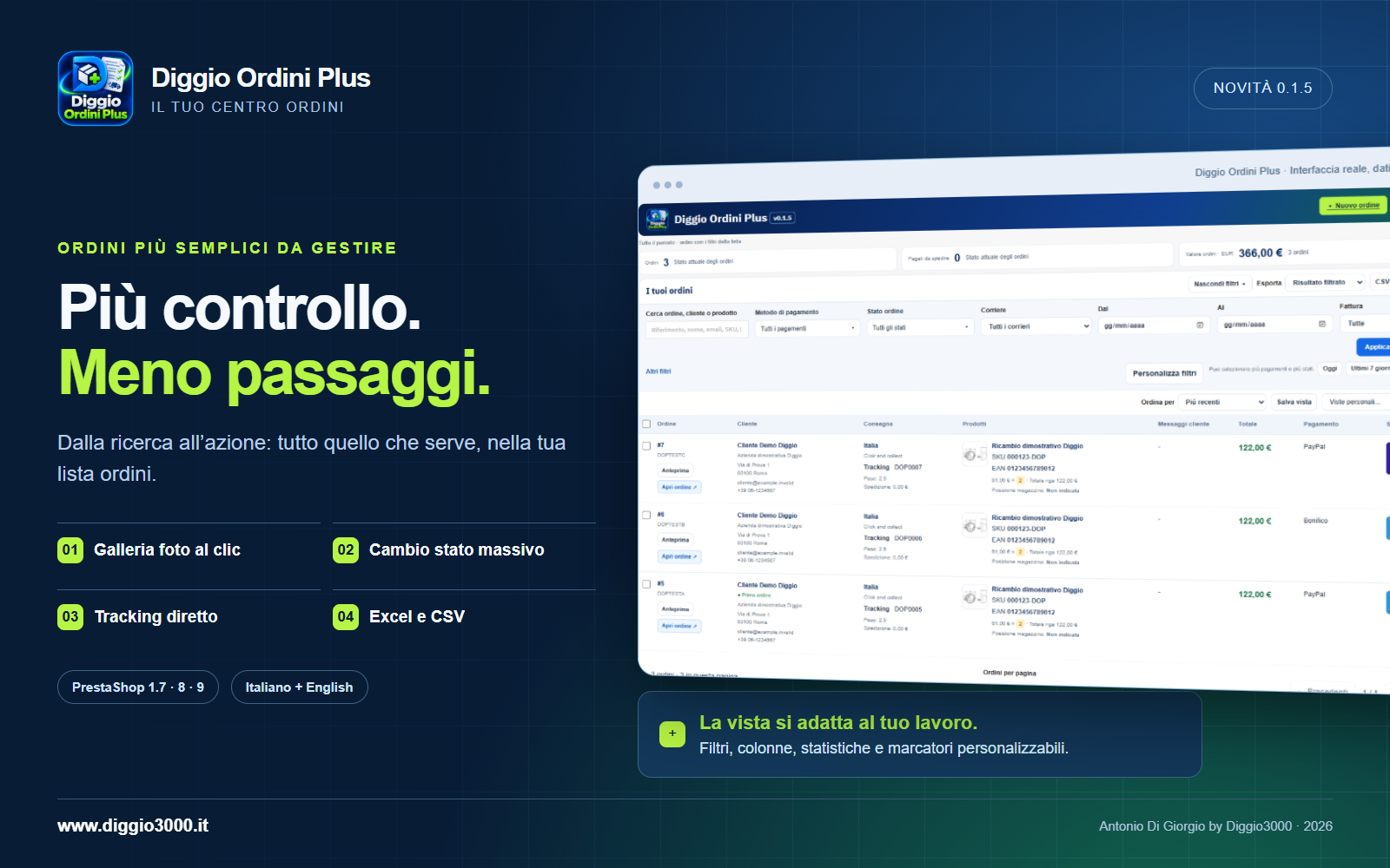 Diggio Ordini Plus: filtri, conversazioni, Excel, tracking e statistiche
