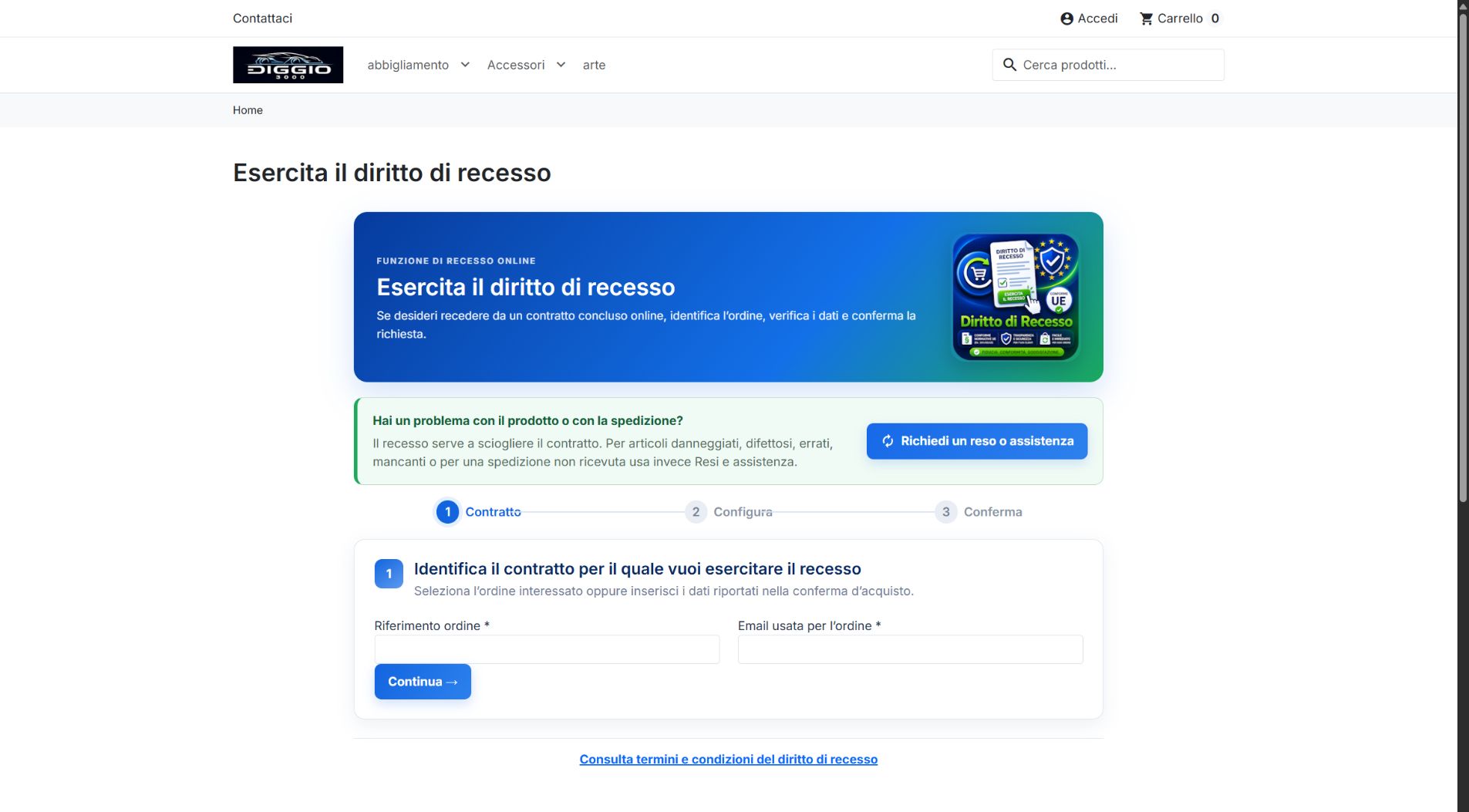 Pagina cliente per iniziare la richiesta di recesso