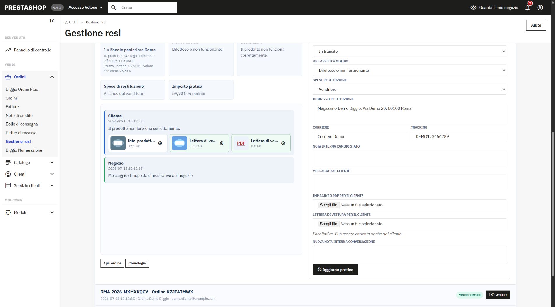 Pratica RMA: allegati, lettera di vettura, corriere e tracking demo