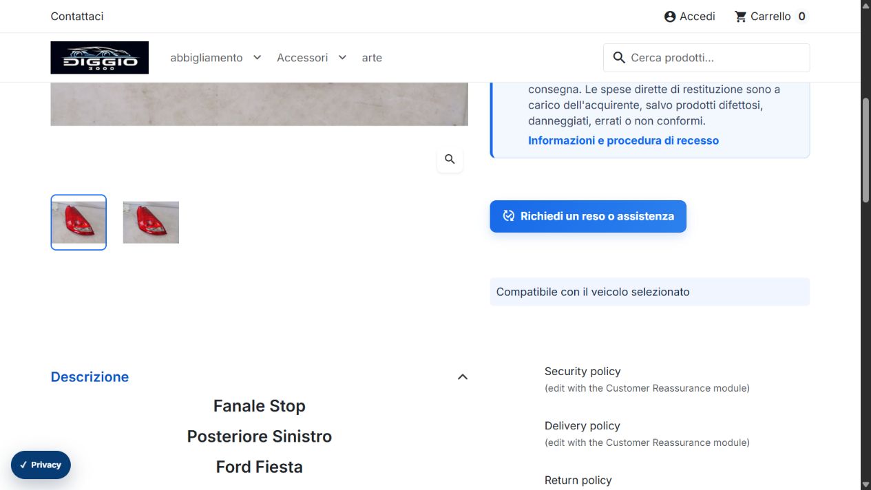 Scheda prodotto nativa con avviso di compatibilità per il veicolo selezionato