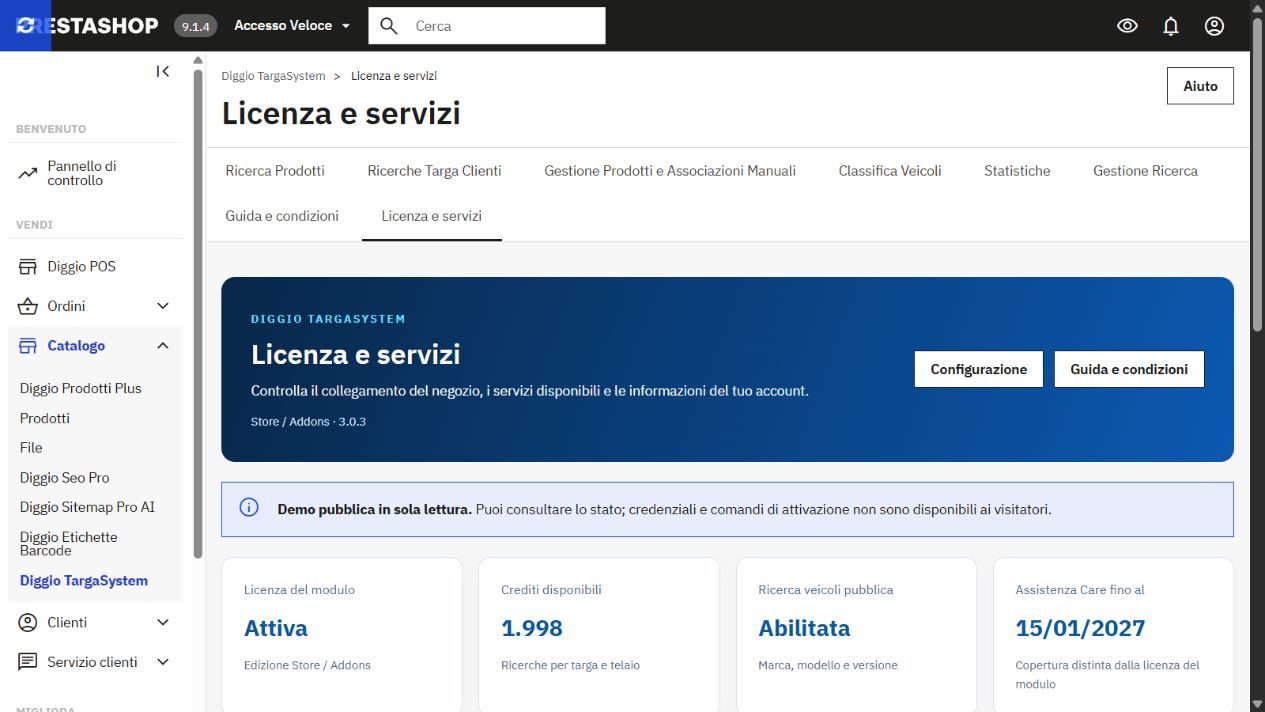 Licenza e servizi: versione 3.0.3, dominio, saldo e Care; demo in sola lettura