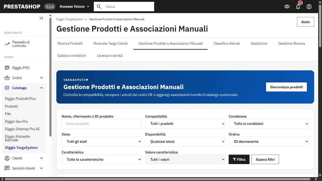 Gestione Prodotti e Associazioni Manuali con filtri e stato delle compatibilità