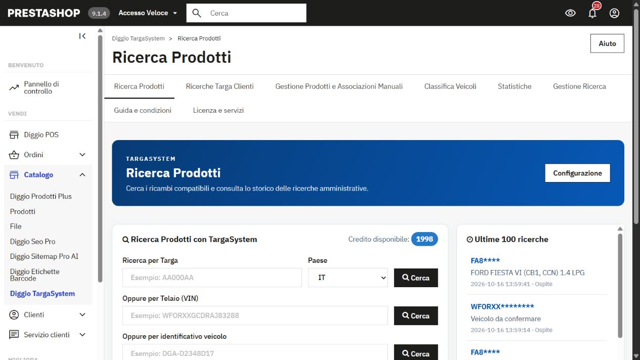 Ricerca Prodotti nel back office: targa, VIN, ID veicolo e storico operativo