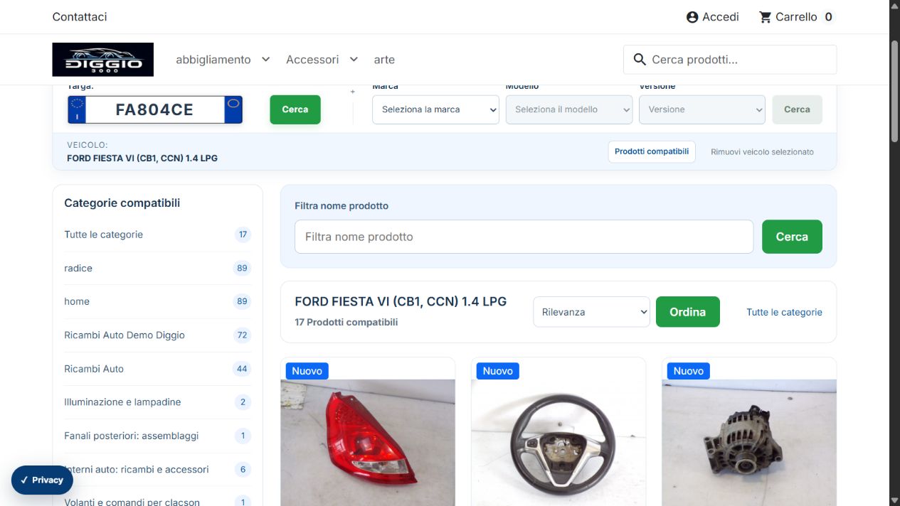 Ricerca reale nella demo: veicolo selezionato, categorie e ricambi con fotografie